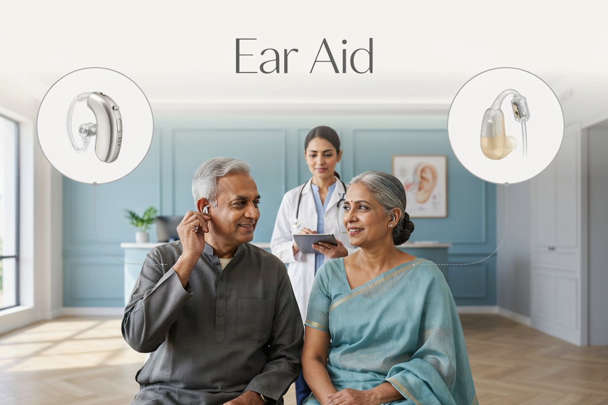 Happy senior couple wearing hearing aids at Hearing Kanghar clinic