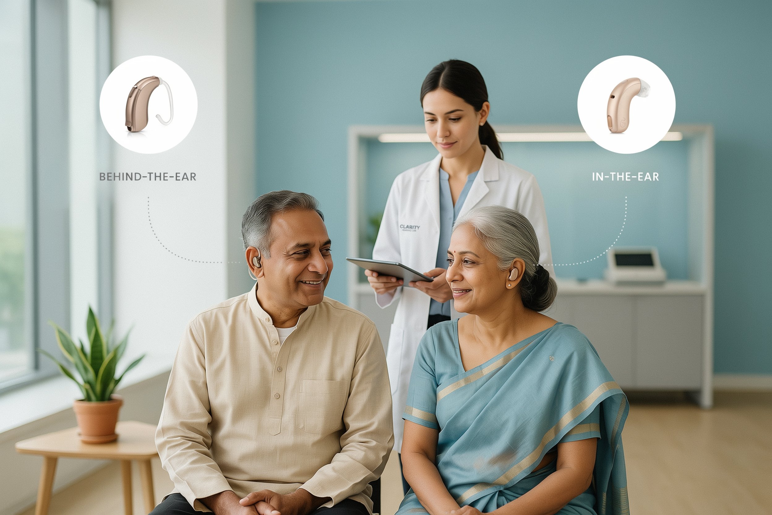 Happy senior couple wearing hearing aids at Hearing Kanghar clinic